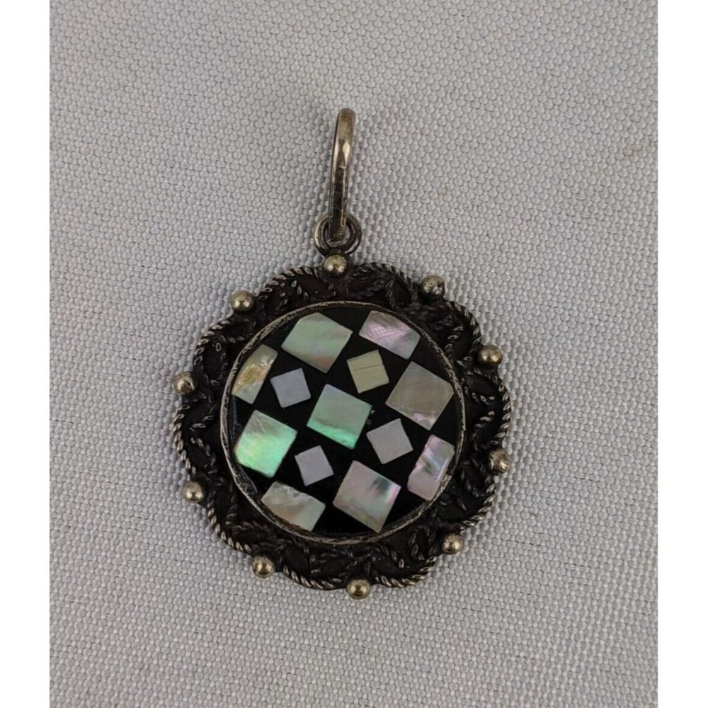 Vintage Unmarked Silver Mother Of Pearl Mosaic Inlaid Pendant Signed